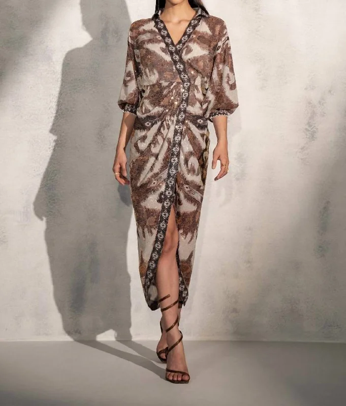 Save More with Every Purchase!Stromi Wrap Midi Dress In Brown Ikat