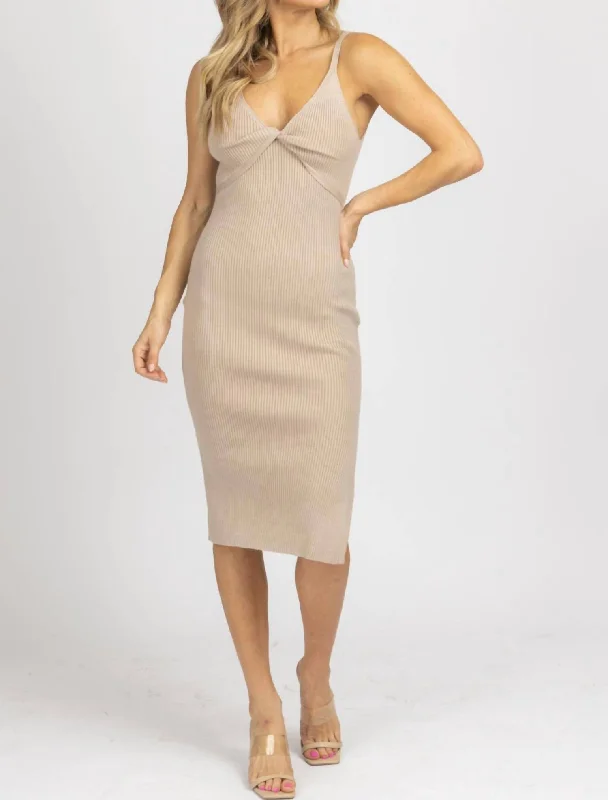 Bigger Savings, Better Shopping!Twist Front Knit Ribbed Midi Dress In Stone