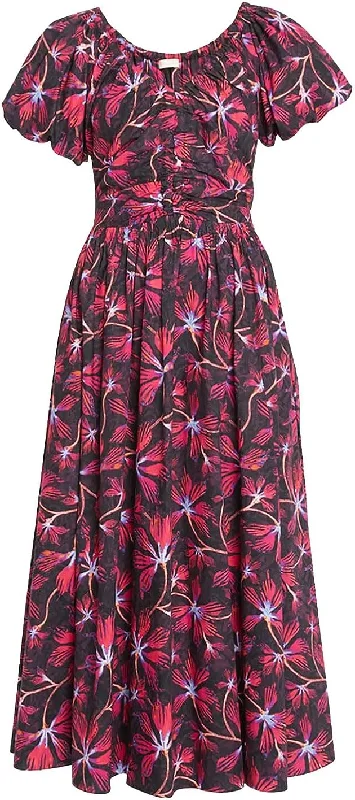 Best Price of the Season!Ulla Johnson Women Cecile Short Puff Sleeves Ruched Midi Dress Zinnia Red Best Price of the Season!Ulla Johnson Women Cecile Short Puff Sleeves Ruched Midi Dress Zinnia Red