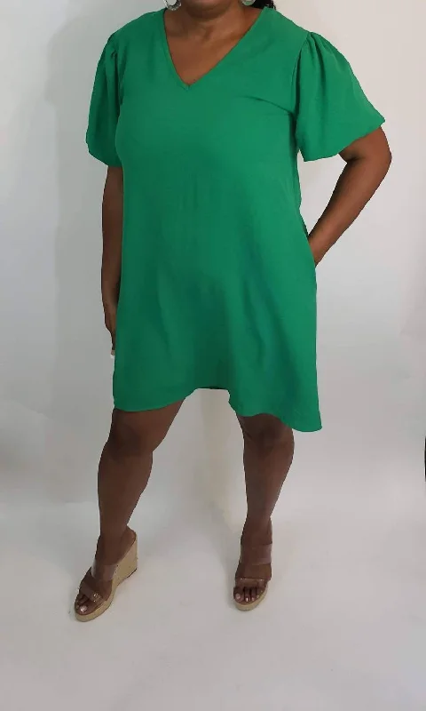 Special Offer – Act Fast!V-Neck Puff Sleeve Mini Dress In Kelly Green