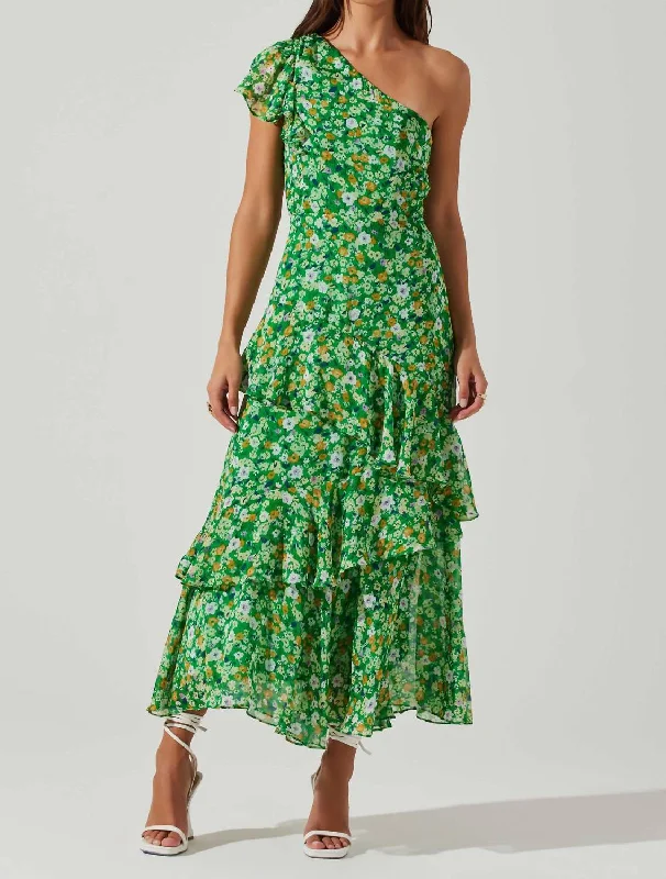 Unbeatable Prices!Victorian One Shoulder Midi Dress In Green Floral