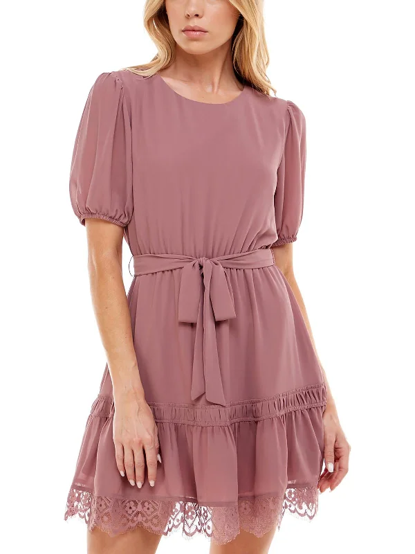 Limited Stock Available!Womens Belted Lace Trim Mini Dress