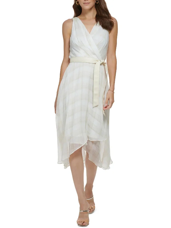 Save Up to 50% Off!Womens Faux Leather Trim Polyester Midi Dress