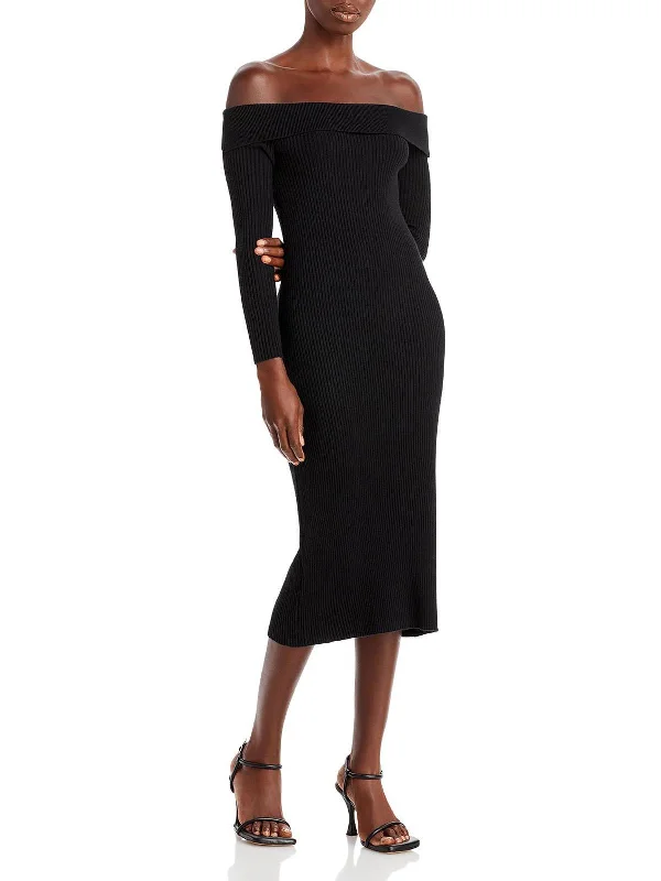 Save Up to 50% Off!Womens Off The Shoulder Ribbed Knit Midi Dress