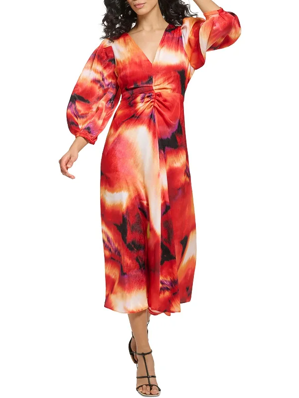 Special Discounts Inside!Womens Printed Puff Sleeves Midi Dress