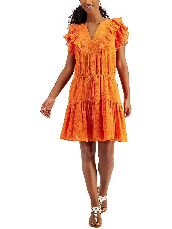 Limited Stock Available!Womens Ruffled Flutter Sleeve Mini Dress