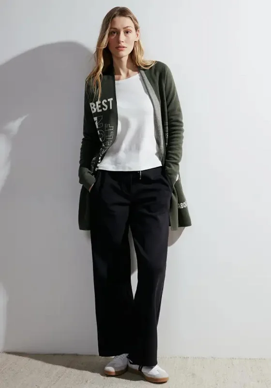 The Best Sale of the Year!Cecil Text Print Long Open Knit Cardigan, Dynamic Khaki