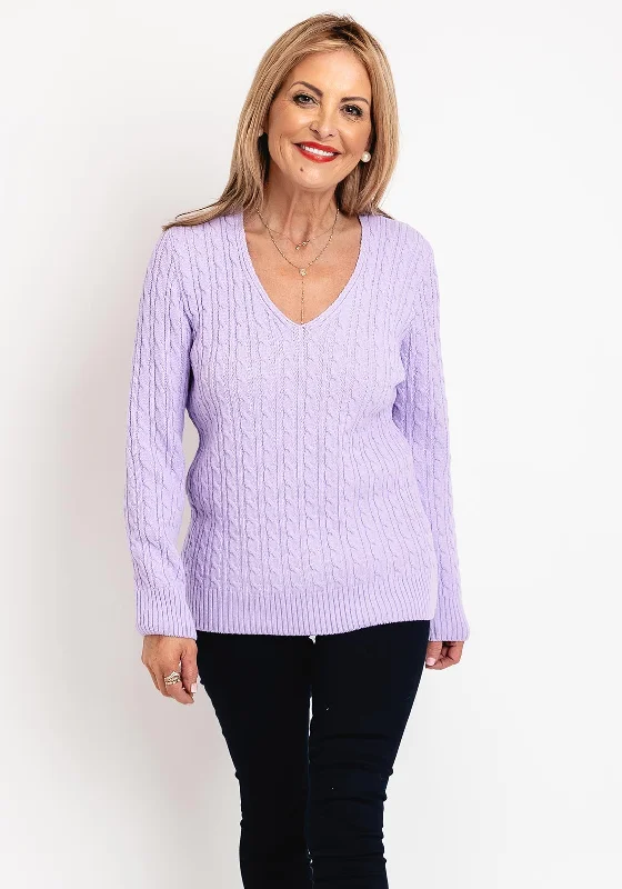 Limited Deals, Unlimited Savings!Serafina Collection V-Neck Cable Knit Sweater, Lilac Limited Deals, Unlimited Savings!Serafina Collection V-Neck Cable Knit Sweater, Lilac