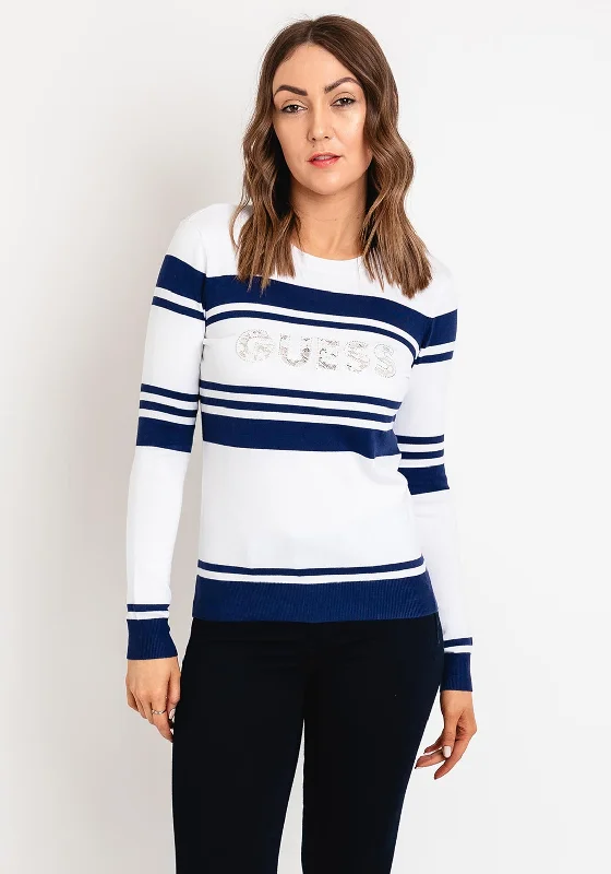 Your Discount is Waiting!Guess Embellished Lace Logo Sweater, White & Navy