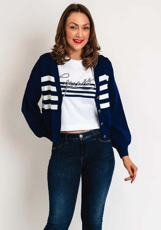 Save More with Every Purchase!Guess Womens Embroidered Logo Striped Cardigan, Navy