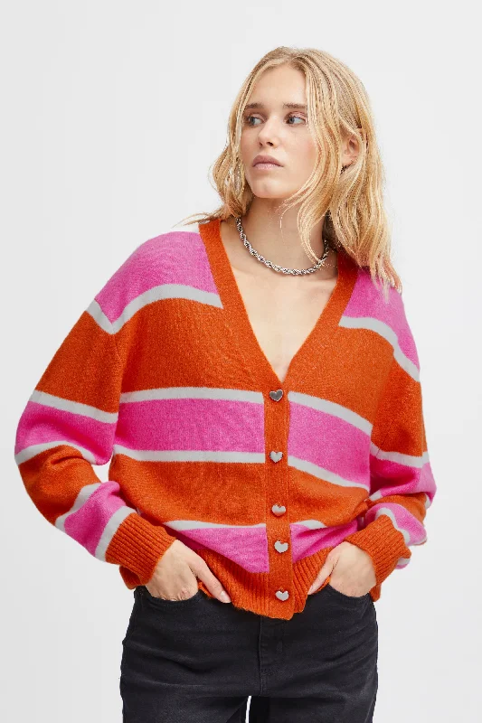 Bigger Savings, Better Shopping!Ichi Motif Heart Button Striped Cardigan, Persimmon Orange Bigger Savings, Better Shopping!Ichi Motif Heart Button Striped Cardigan, Persimmon Orange