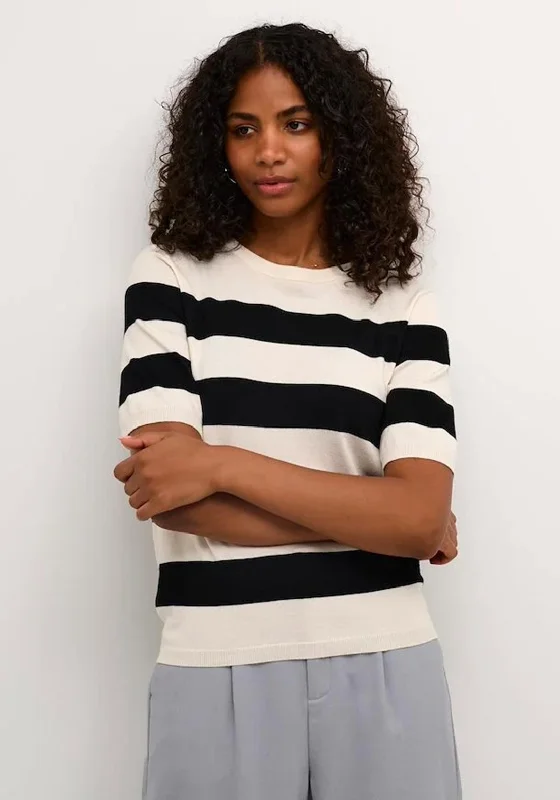 Limited Time Offer!KAFFE Kalizza Stripe Short Sleeve Knit Sweater, Black