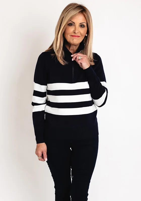 Price Drop Alert!Micha Striped Quarter Zip Knitted Sweater, Navy & Off-White