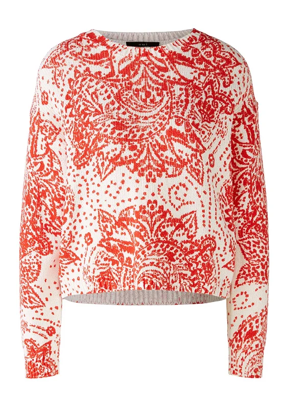 Stock Up and Save!Oui Round Neck Ornate Print Cotton Sweater, Off-White & Red