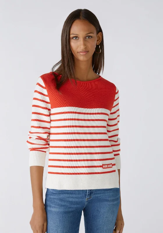Crazy Discounts Inside!Oui Side Slit Striped Cotton Sweater, Red & White