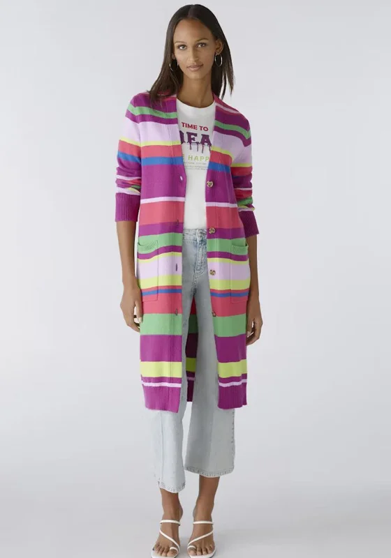 Your Best Deals Are Here!Oui Striped Knitted Longline Cardigan, Lilac Green