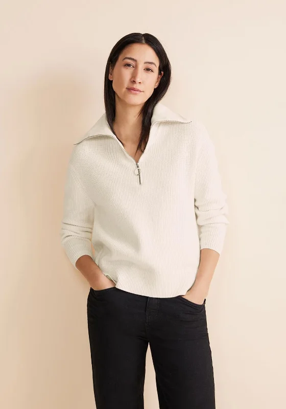 Massive Price Cuts!Street One Troyer Half Zip Knitted Sweater, Lucid White
