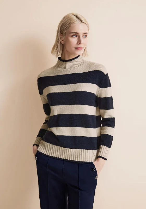 Buy More, Save More!Street One High Neck Stripe Knit Sweater, Deep Blue