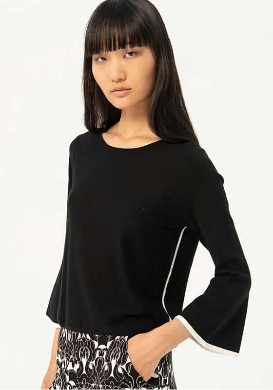 Don’t Wait – Shop Today!Surkana Contrast Trim Bell Sleeve Sweater, Black