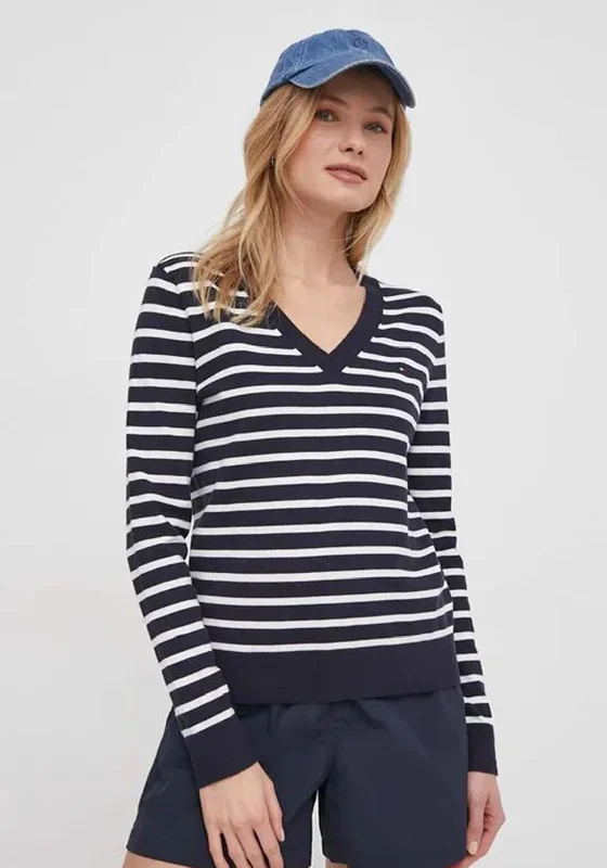 Save Up to 50% Off!Tommy Hilfiger Womens V-Neck Jersey Stitch Sweater, Navy