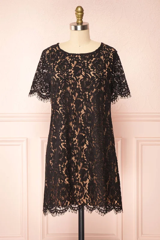 Get Ready to Save!Apama Black | Floral Lace Short Sleeve Dress