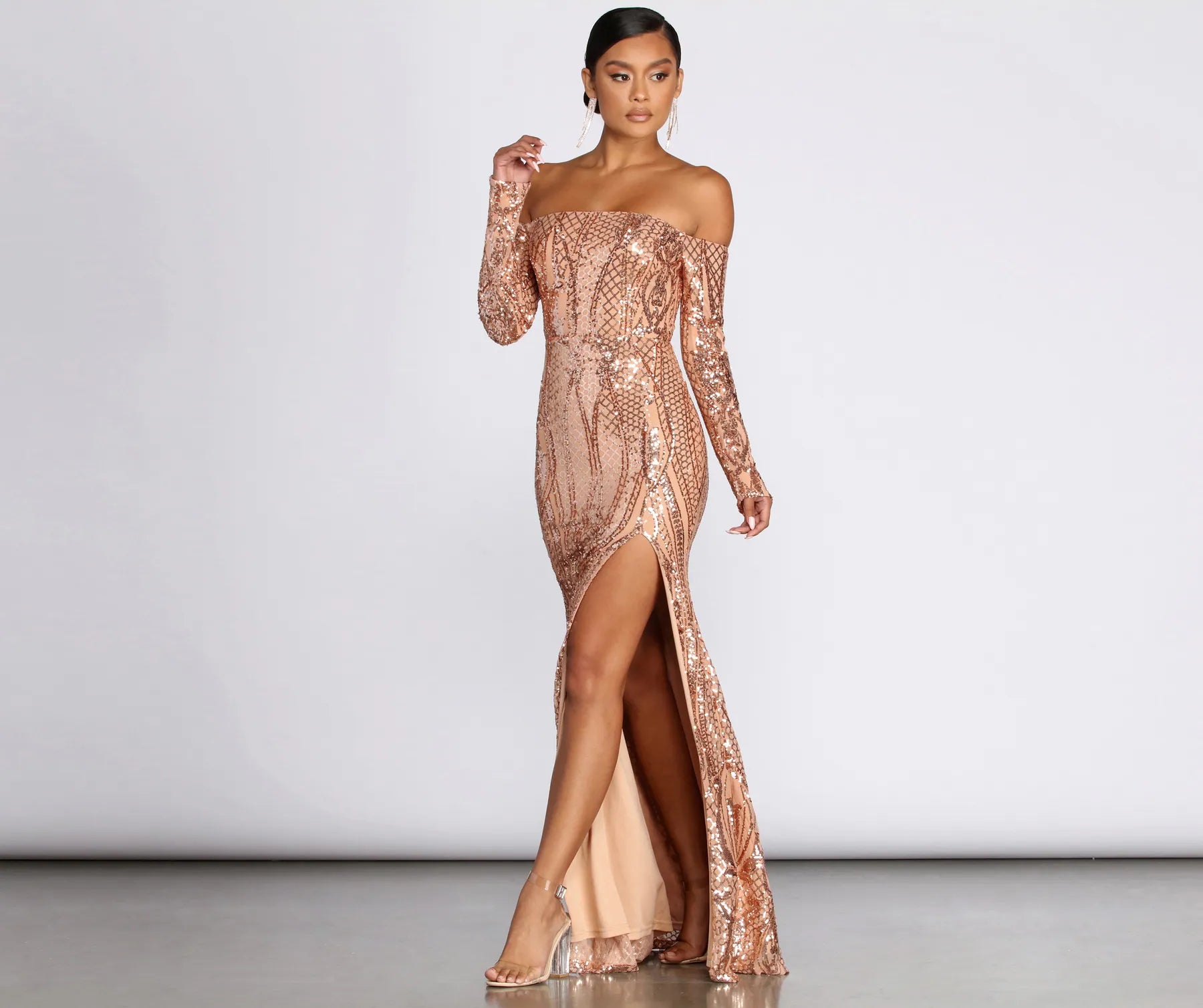 Your Chance to Save is Now!Becca Formal High Slit Sequin Dress