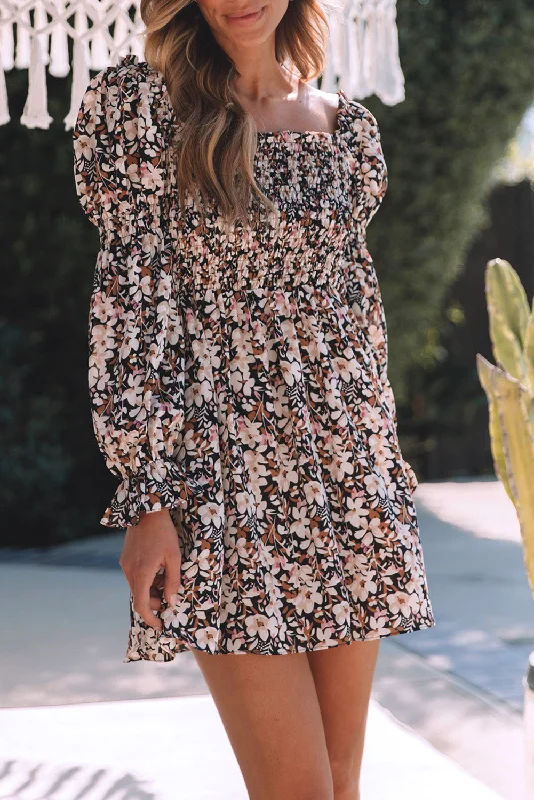 Save More When You Shop More!Floral Puff Sleeve Pleated Dress