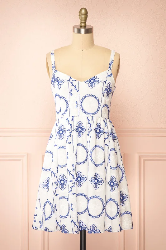 Your Chance to Save is Now!Celena | Short White Dress w/ Blue Embroidery