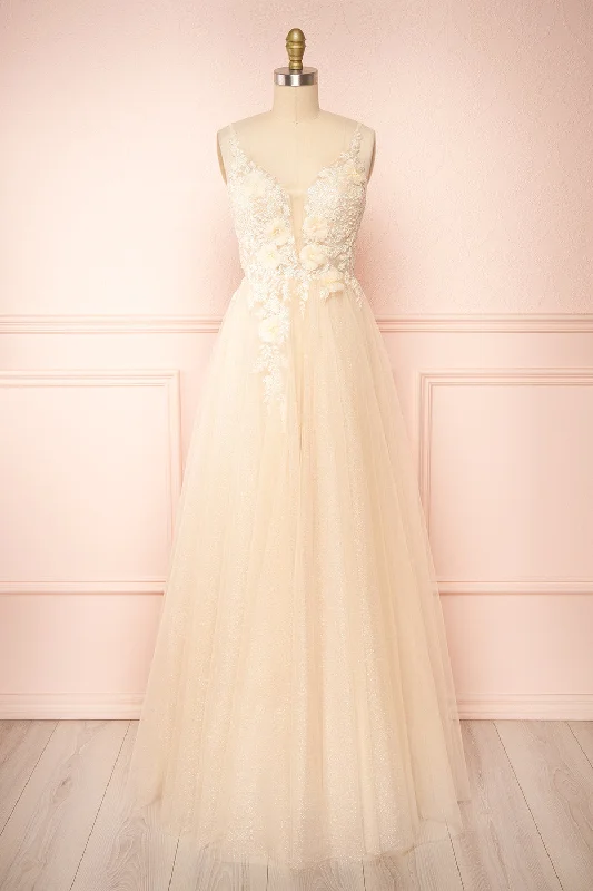 Special Offer – Act Fast!Clara Beige | Maxi Tulle Dress w/ Lace Bodice