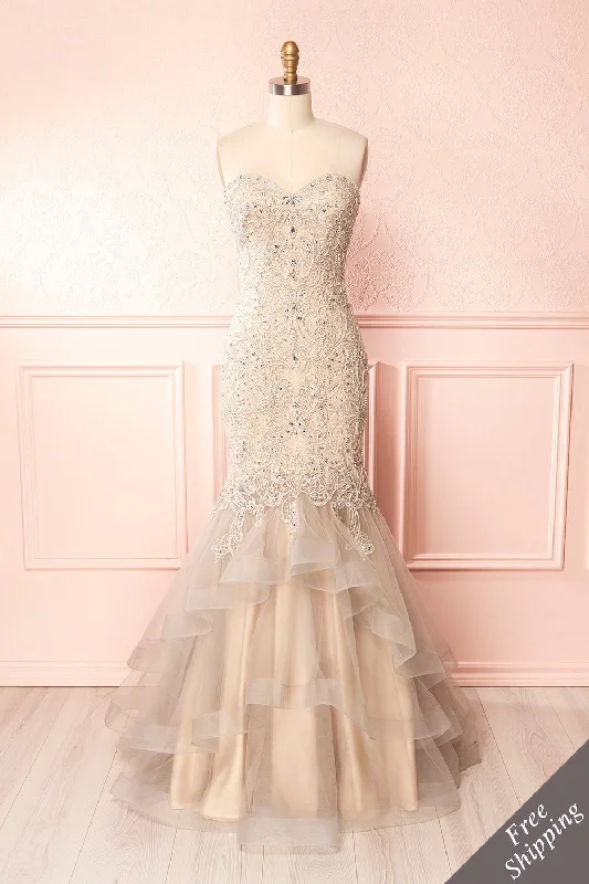 Limited-Time Price Drop!Emorine | Beige & Silver Crystal Embroidered Bridal Gown