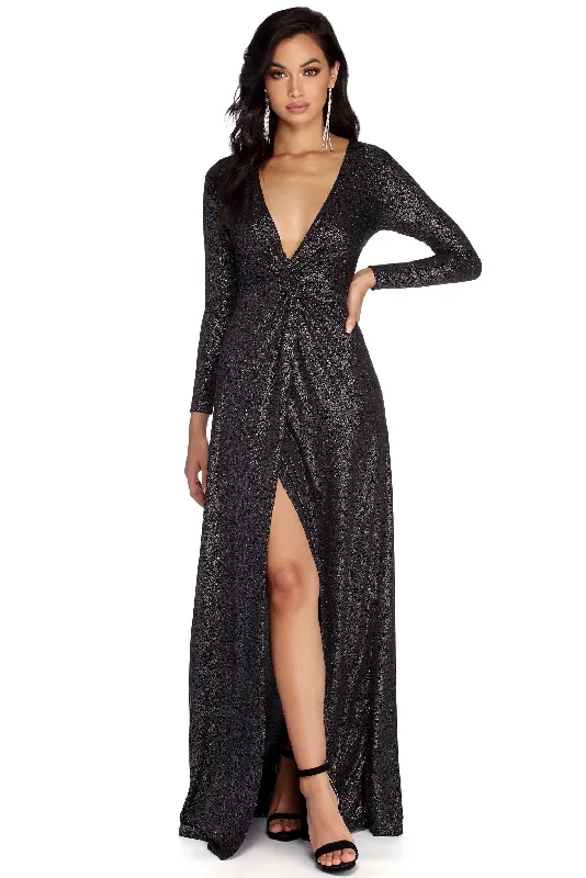 New Discounts Just Dropped!Evangeline Formal Glitter Knot Dress