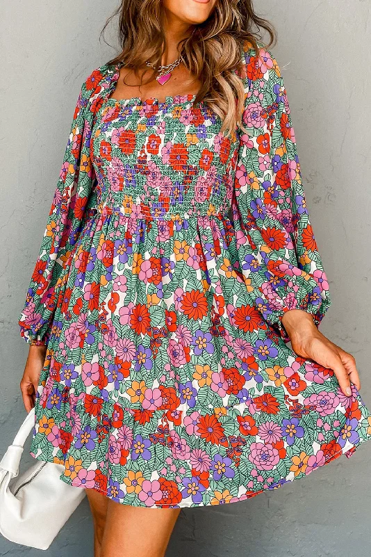 Limited Time Offer!Floral Smocked Square Neck Dress