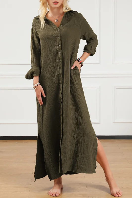 Every Deal is a Steal!Gauze Buttoned Maxi Shirt Dress