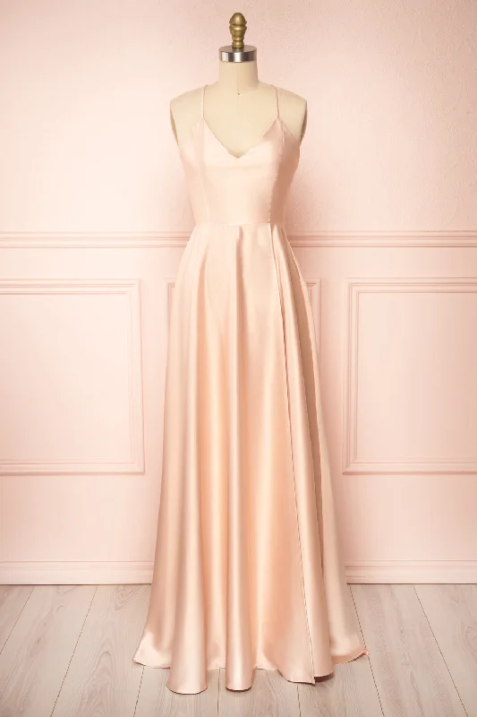 Best Price of the Season!Julia Blush | Satin Maxi Dress w/ High Slit