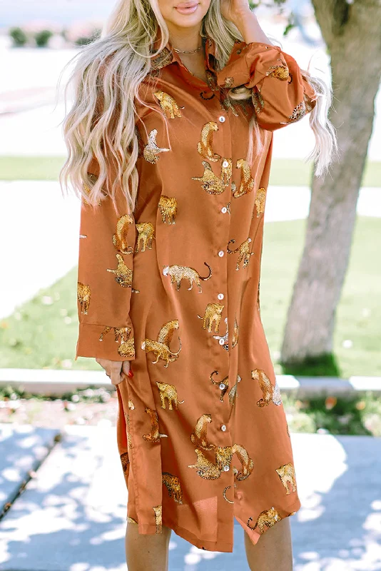 The Best Offers Are Here!Cheetah Buttoned Midi Shirt Dress