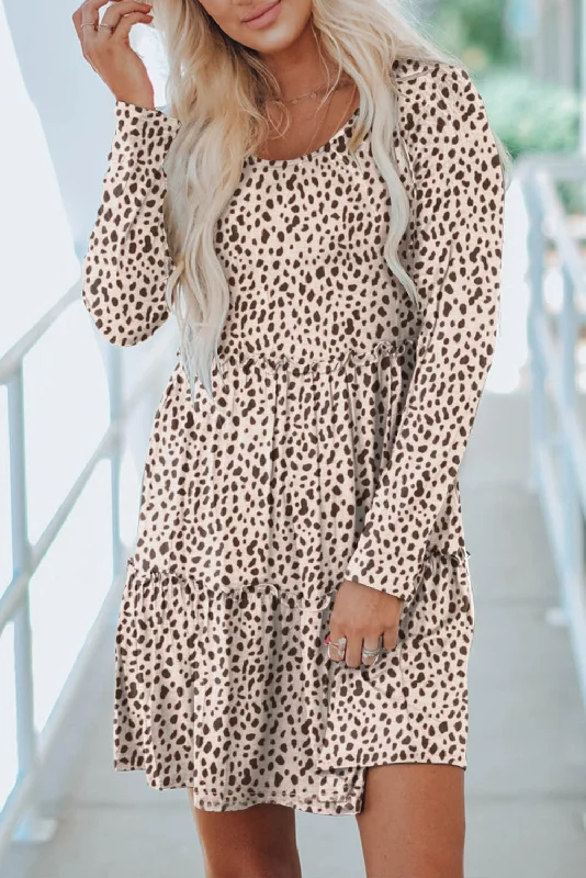 Save More Than Ever!Leopard Tiered Long Sleeve Dress