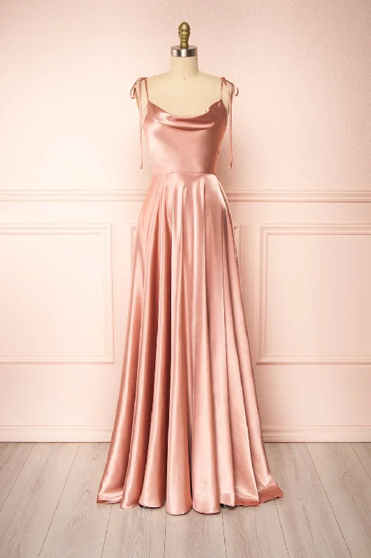 Grab Yours Before It’s Too Late!Moira Pink | Cowl Neck Satin Maxi Dress w/ High Slit