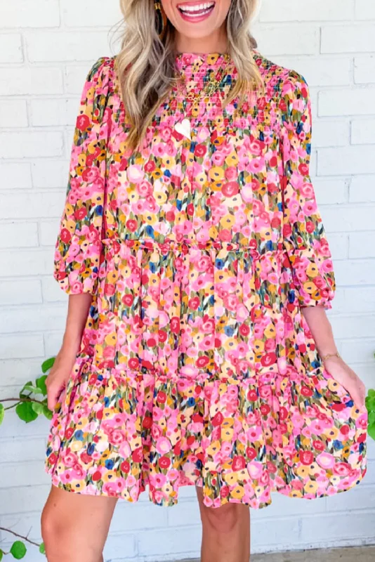 Don’t Wait – Deals Won’t Last!Floral Smocked 3/4 Sleeve Tiered Dress