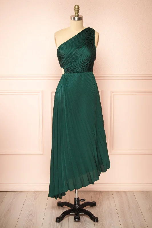 Don't Miss Out!Swifty | Green Asymmetrical Pleated Satin Dress