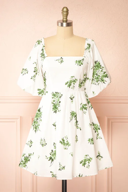 Shop Early, Save Big!Vertuosa | Short White Dress w/ Green Flowers
