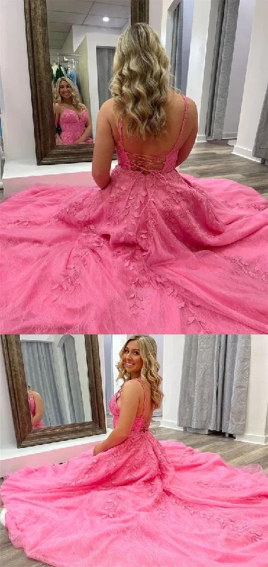 Amazing Prices You Can’t Resist!2021 A-line bright pink lace appliqued long prom dress with lace up back cg20499 Amazing Prices You Can’t Resist!2021 A-line bright pink lace appliqued long prom dress with lace up back cg20499