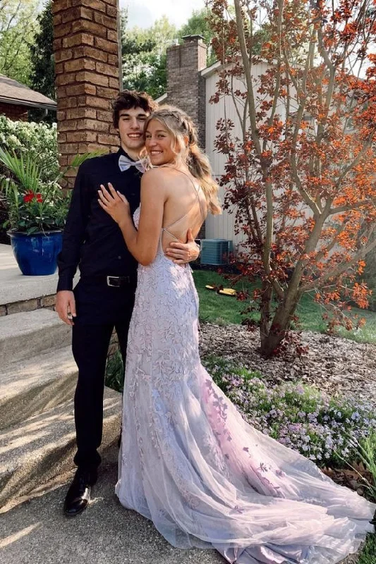 Unbeatable Prices!2021 Mermaid Lavender Tulle and Lace Appliqued Long Prom Dress with Train and Lace Up Back cg20443 Unbeatable Prices!2021 Mermaid Lavender Tulle and Lace Appliqued Long Prom Dress with Train and Lace Up Back cg20443