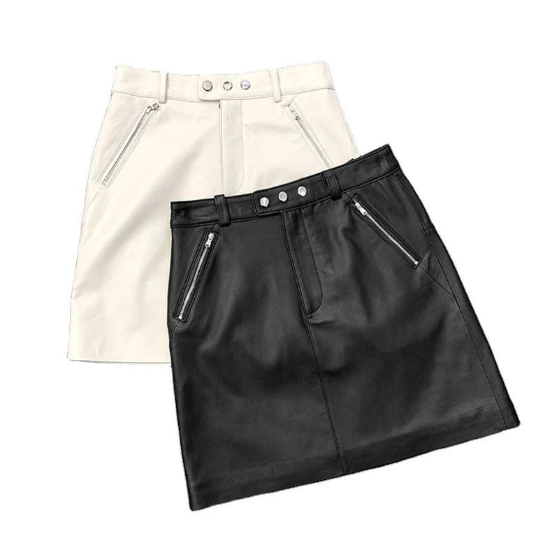 Don't Miss Out!2022 New Arrivals Wholesale Genuine Leather Skirts Sexy High Waist Black Short Mini Rivet Leather Skirts