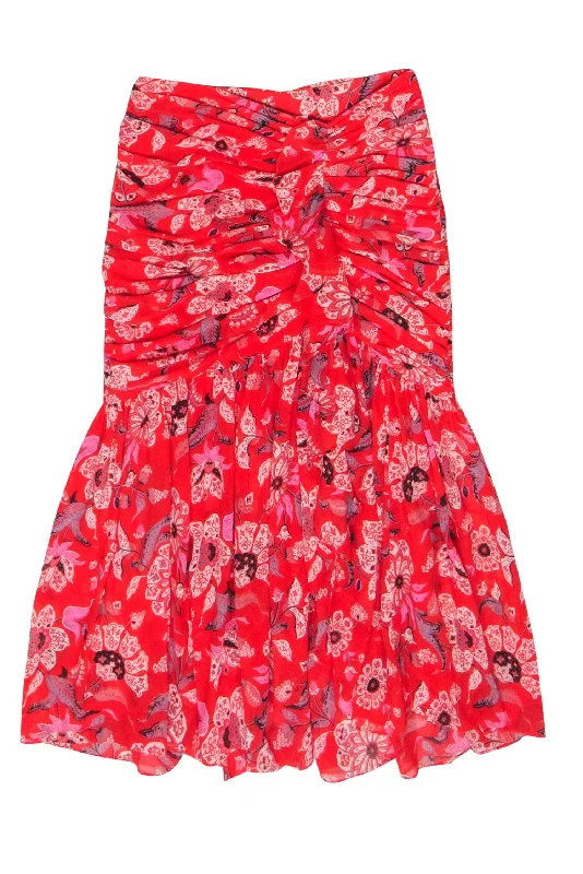 Unbeatable Prices!Cinq a Sept - Red & Pink Print Ruched Detail Midi Skirt Sz 4