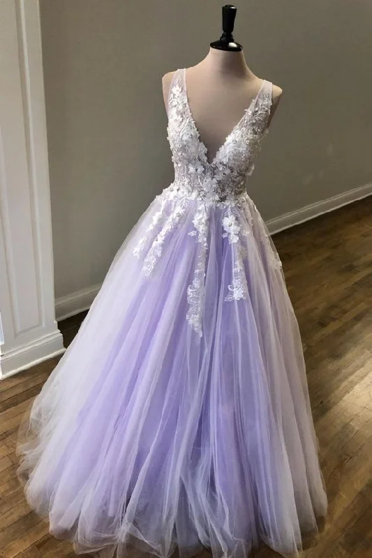 Instant Savings Await!A-line lavender tulle and white lace appliques long formal dress prom dress with v neck cg20502 Instant Savings Await!A-line lavender tulle and white lace appliques long formal dress prom dress with v neck cg20502