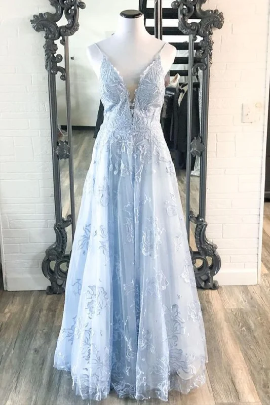 Hottest Discounts of the Year!A-line light blue lace long prom dress 2021    cg20496