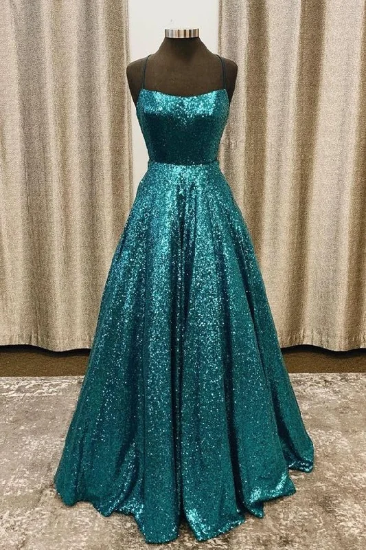 Crazy Discounts Inside!A-line turquoise sequined long prom dress with lace up back    cg20431