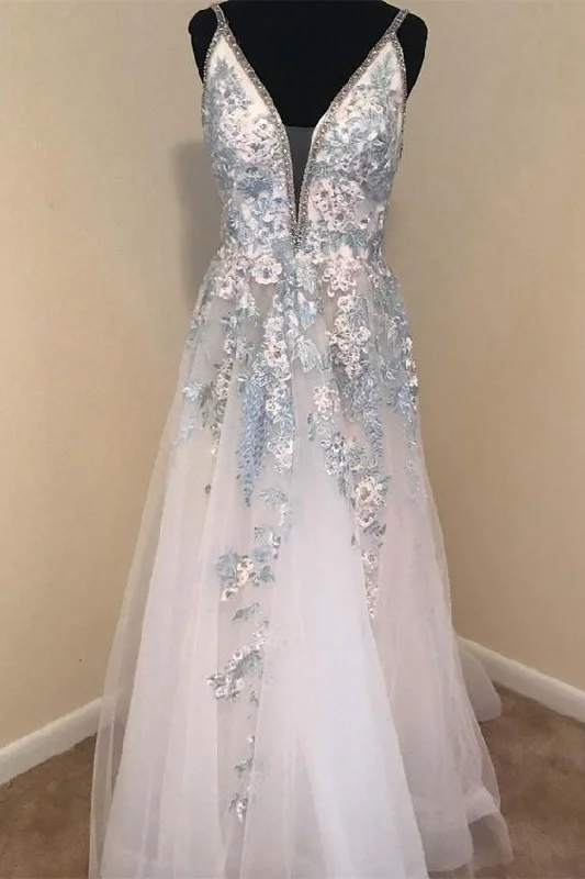 Your Dream Deal is Here!A-line white and blue floral embroidered long prom dress formal dress    cg20430