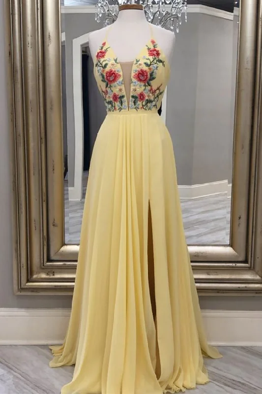Limited Deals, Unlimited Savings!A-line yellow floral embroidery long prom dress with side slit cg20503 Limited Deals, Unlimited Savings!A-line yellow floral embroidery long prom dress with side slit cg20503