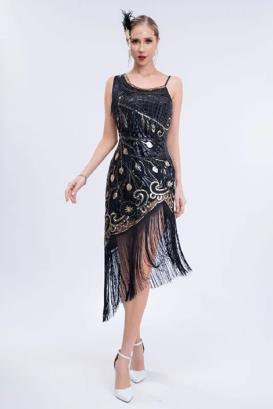 Shop Now and Save!Asymmetrical Black Glitter 1920s Dress with Fringes